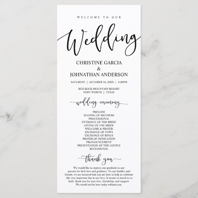 Programa Escrita Negra Elegante, Cerimônia De Casamento (Frente)