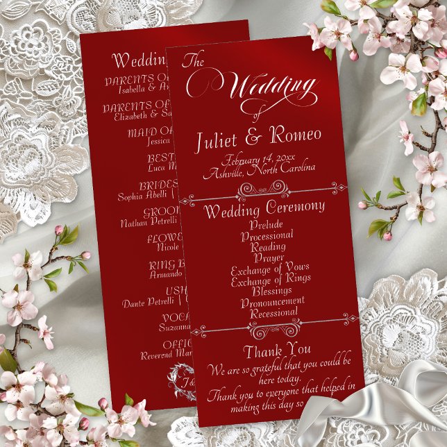 Programa Escrito Elegante & Monograma - Casamento Vermelho (Criador carregado)
