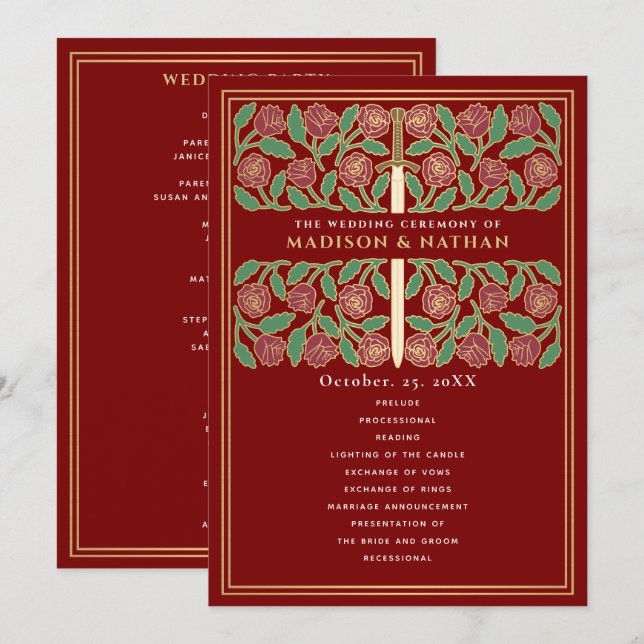 Programa Espada Floral Dourada Medieval Escarlate Casamento (Frente/Verso)