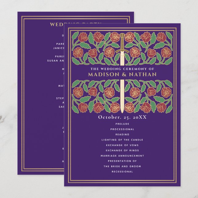 Programa Espada Floral Dourada Medieval Roxa Casamento Real (Frente/Verso)