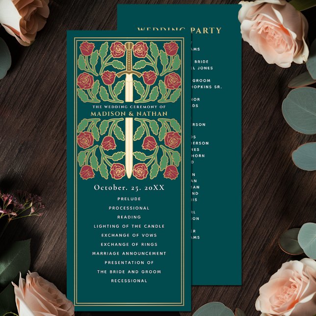 Programa Espada Floral Dourada Medieval Turquesa Casamento  (Criador carregado)