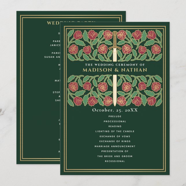 Programa Espada Floral Dourada Medieval Verde Casamento Rea (Frente/Verso)