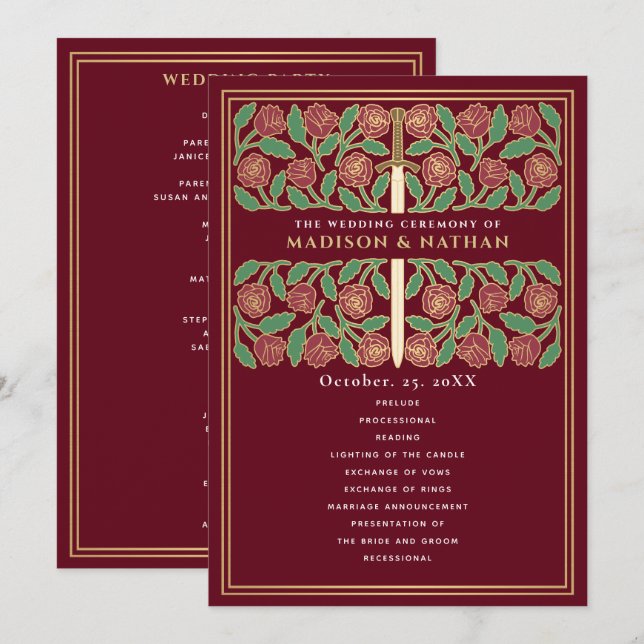 Programa Espada Floral Dourada Medieval Vermelha Casamento  (Frente/Verso)