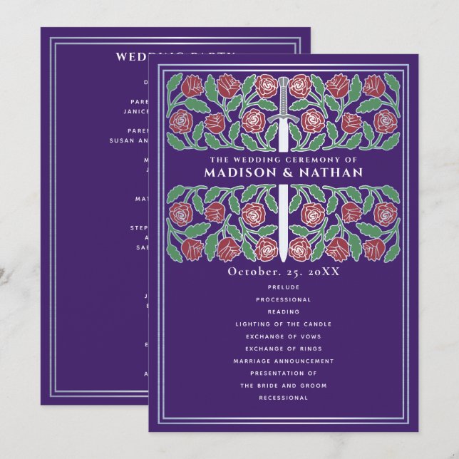 Programa Espada Floral Prateada Medieval Roxa Casamento Rea (Frente/Verso)