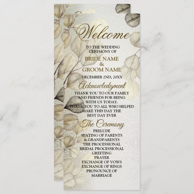 Programa Eucalyptus Foliage Wedding Shiny Dourado com Aquar (Frente/Verso)