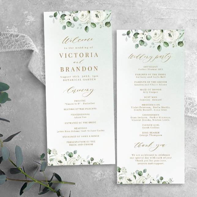 Programa Eucalyptus Greenery, casamento floral rústico (Eucalyptus Greenery white floral rustic wedding Program)
