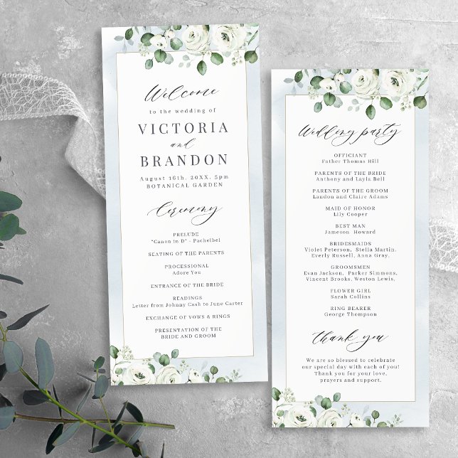 Programa Eucalyptus Greenery, casamento floral rústico (Eucalyptus Greenery white floral rustic wedding Program)