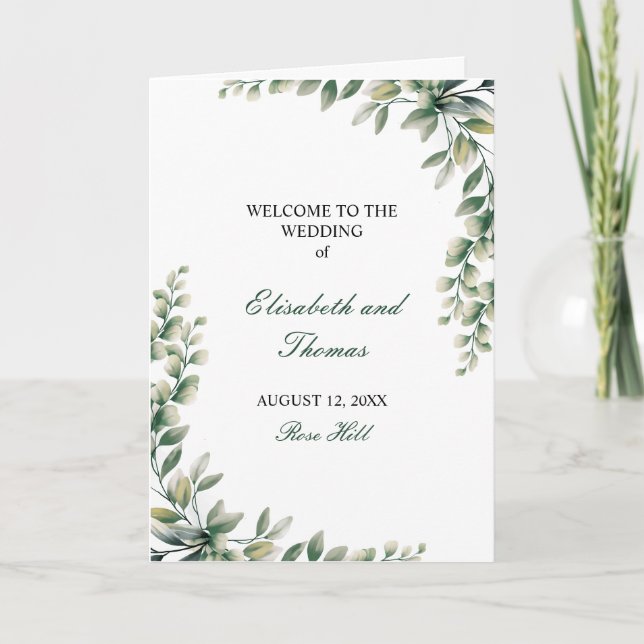 Programa Eucalyptus leaves modern wedding programme  (Frente)