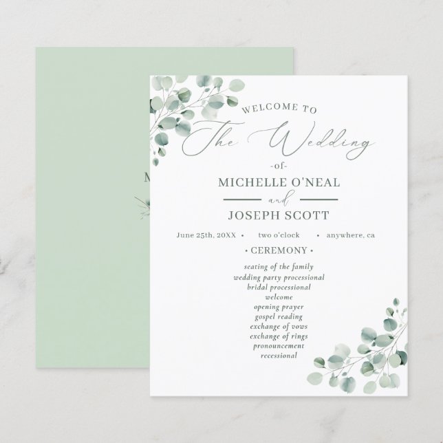 Programa Eucalyptus Sage Green Watercolor Casament (Frente/Verso)