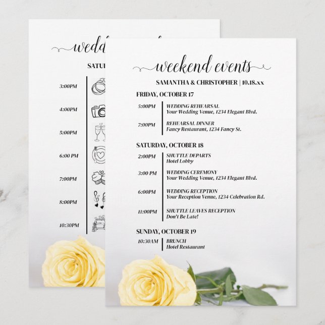 Programa Eventos & Cronograma de Casamento com Rosa Amarela (Frente/Verso)