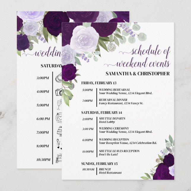 Programa Eventos & Cronograma de Casamento de Rosas Boho Ro (Frente/Verso)