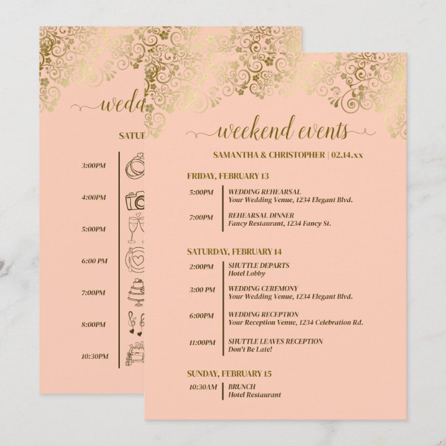 Programa Eventos & Cronograma de Casamento Fancy Coral Peac (Frente/Verso)