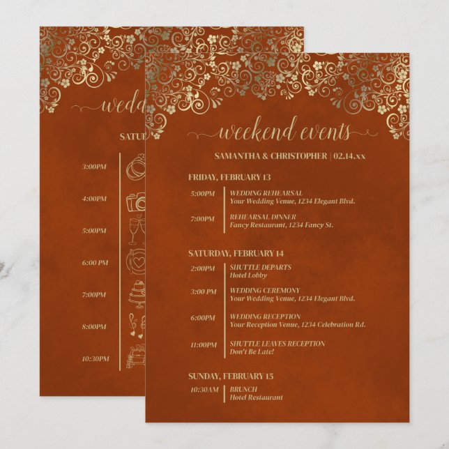 Programa Eventos & Cronograma de Casamento Glam Rust Orange (Frente/Verso)