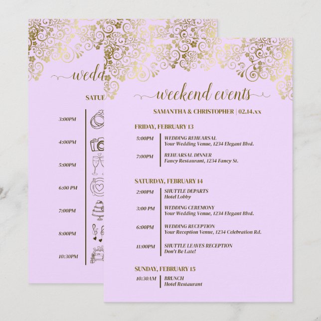 Programa Eventos & Cronograma de Casamento Lilás & Dourado  (Frente/Verso)