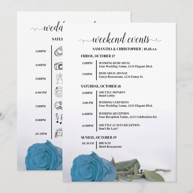 Programa Eventos & Cronograma de Casamento Rosa Azul Turque (Frente/Verso)