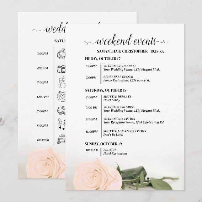Programa Eventos & Cronograma de Casamento Rosa Pele de Pês (Frente/Verso)