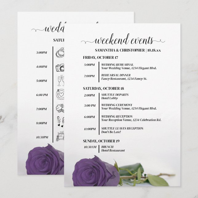 Programa Eventos & Cronograma de Casamento Rosa Roxo Âmbar (Frente/Verso)