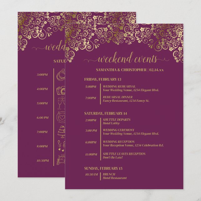Programa Eventos & Cronologia de Casamento Magenta Plum & D (Frente/Verso)