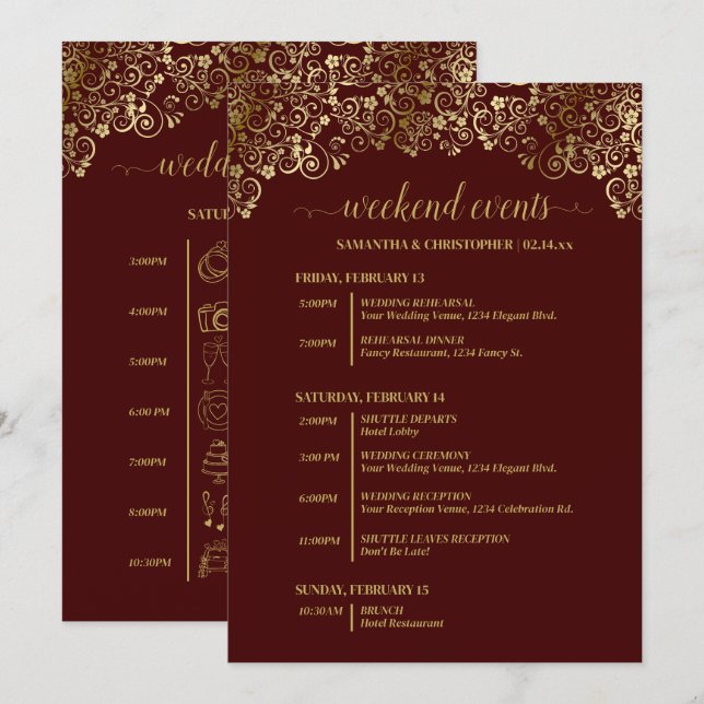 Programa Eventos de Casamento Auburn Marrom e Dourado & Cro (Frente/Verso)