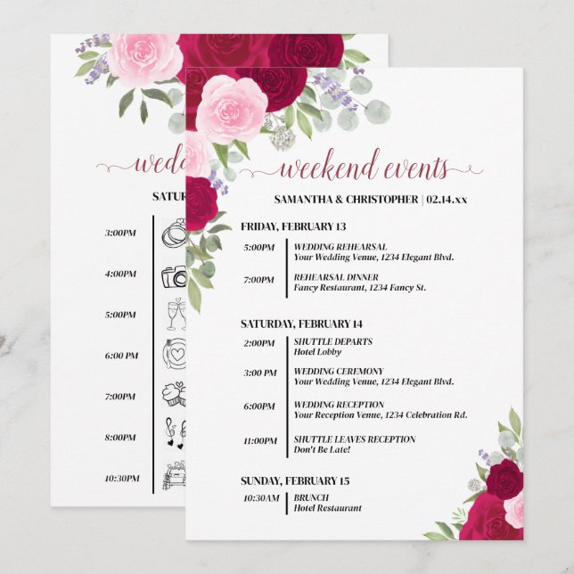 Programa Eventos de Casamento com Rosas Magenta & Rosa e Cr (Frente/Verso)