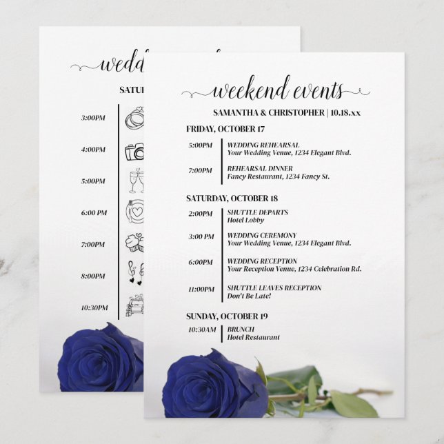Programa Eventos de Casamento de Rosa Azul Marinho Elegante (Frente/Verso)