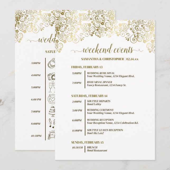 Programa Eventos de Casamento Ornamentados a Ouro e Branco  (Frente/Verso)
