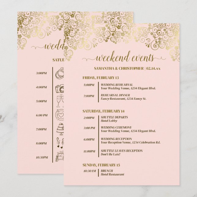 Programa Eventos de Casamento Rosa e Dourado Ornamentados e (Frente/Verso)
