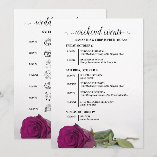 Programa Eventos de Casamento Rosa Plum Magenta & Linha do  (Frente/Verso)