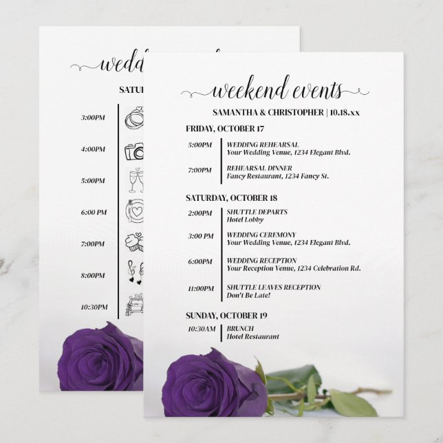 Programa Eventos de Casamento Rosa Roxa Real e Cronograma (Frente/Verso)