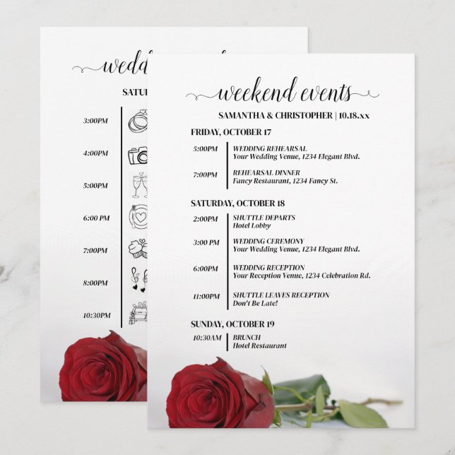 Programa Eventos de Casamento Rosa Vermelha Elegante & Cron (Frente/Verso)