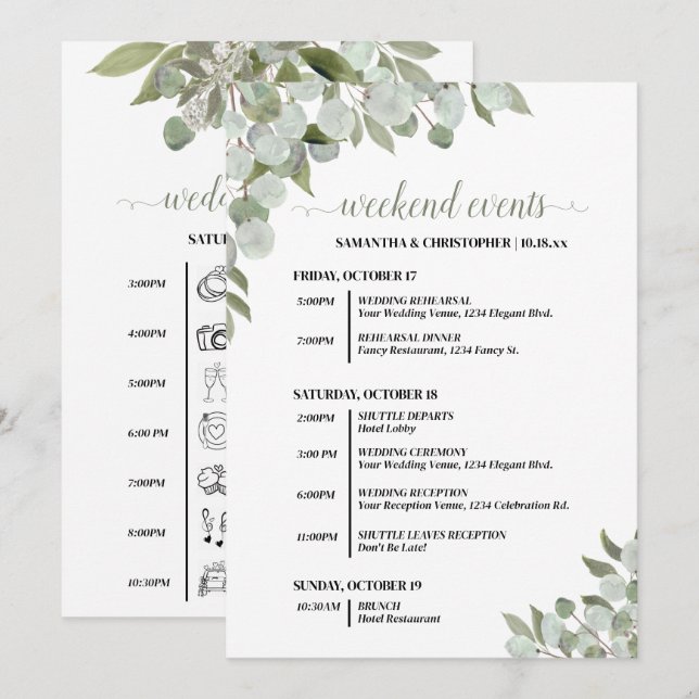 Programa Eventos de Casamento Rústico com Eucalipto e Crono (Frente/Verso)
