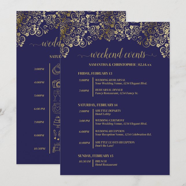 Programa Eventos e Cronograma de Casamento Azul Marinho e D (Frente/Verso)