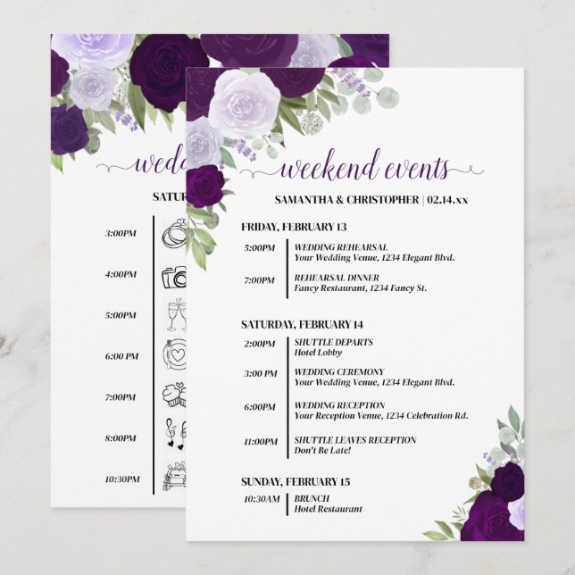 Programa Eventos e Cronograma de Casamento das Rosas Boho R (Frente/Verso)