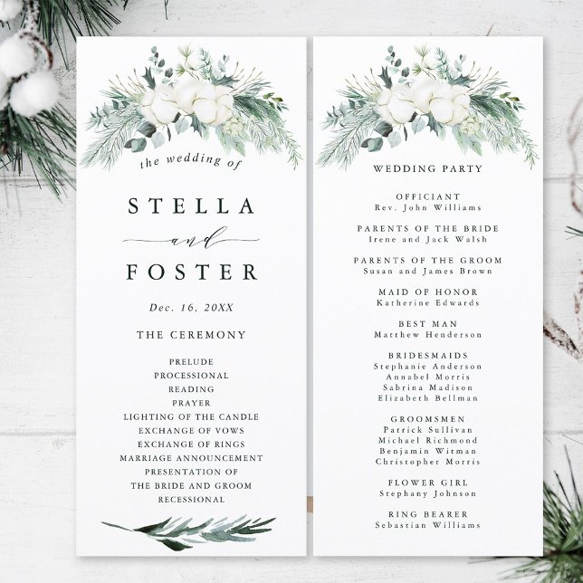 Programa Evergreen & Cotton Flowers Elegant Wedding Program (Front & Back)