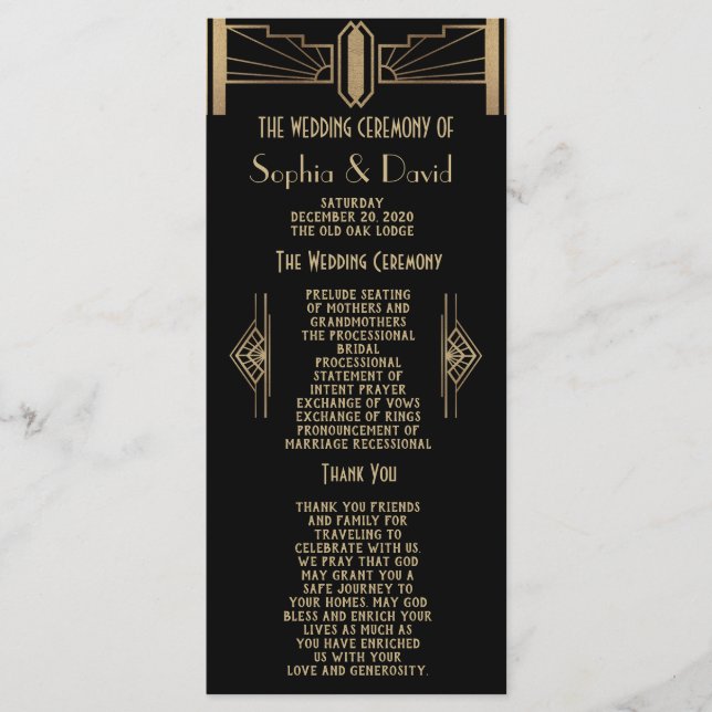 Programa Excelente Gatsby Art Deco Wedding Program de Glam  (Frente)