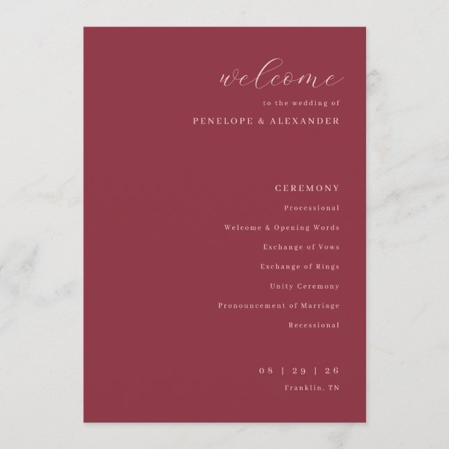 Programa Exquisite Maroon Calligraphy Wedding Ceremony (Frente)