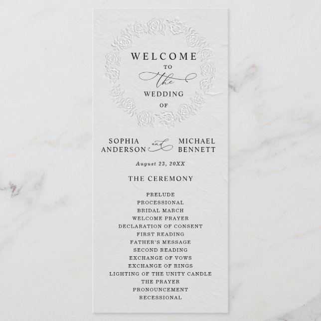 Programa Faux Embossed White Roses Wedding Program (Frente)