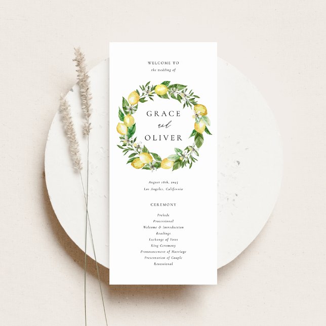 Programa Ferida Botânica de Limão com Casamento Verde (Customizable Wedding Program Fan with Watercolor Lemons, Blossoms & Greenery Wreath)