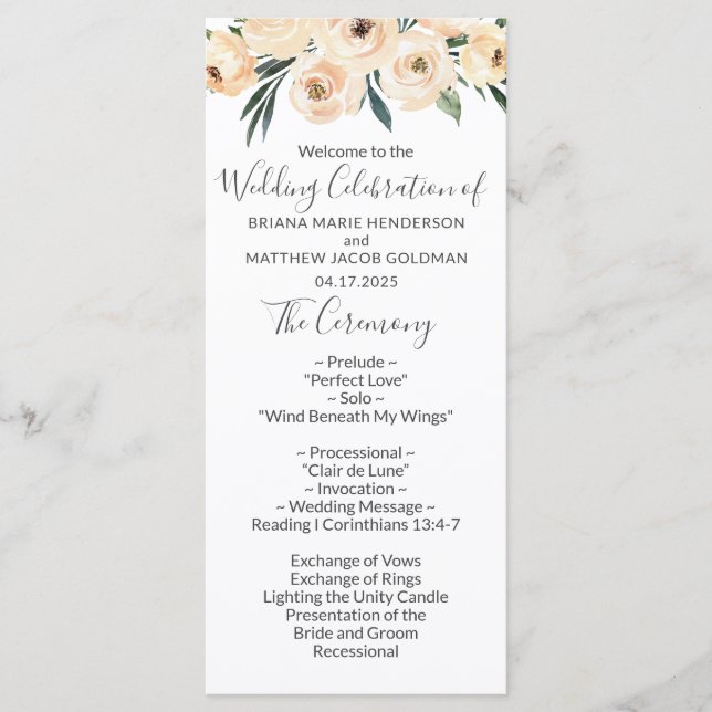 Programa Floral Beige Blush on White Weding Program (Frente)
