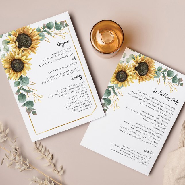 Programa Floral de Casamento de Girassol (Sunflower Eucalyptus Greenery All-in-One Wedding Invitation)
