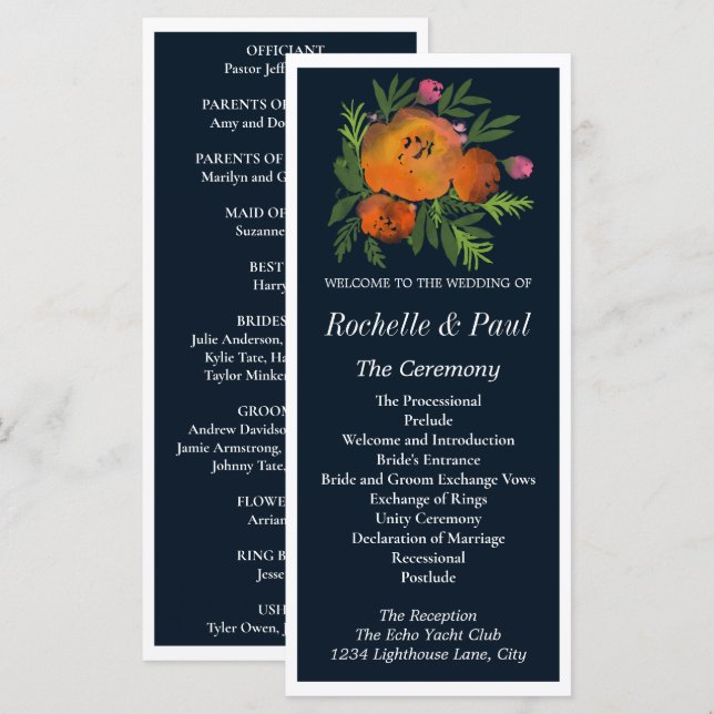 Programa Floral de Casamento Moderno de Laranja e  (Frente/Verso)