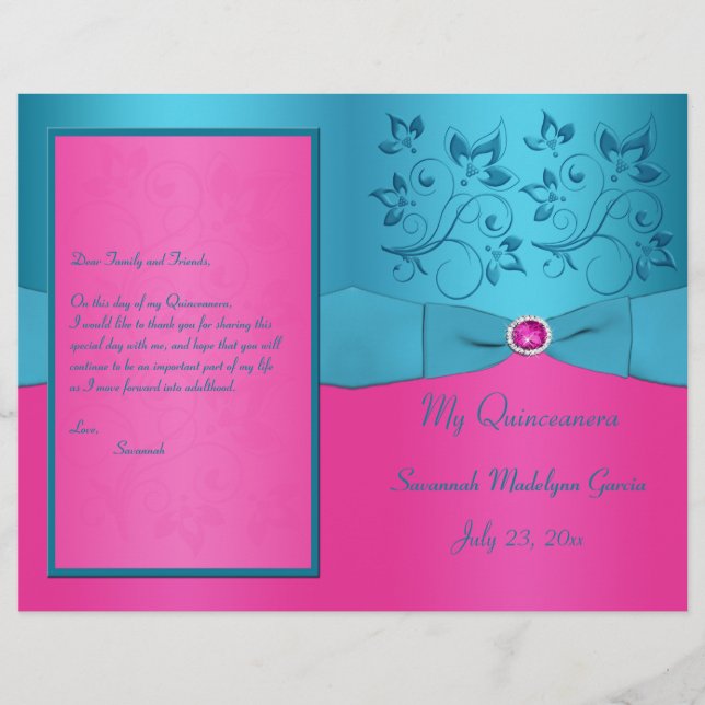 Programa Floral de Quinceanera Fuchsia e Turquoise (Frente)
