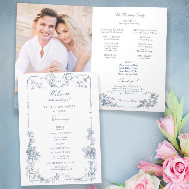 Programa Floral francês azul-poeirento elegante (Criador carregado)