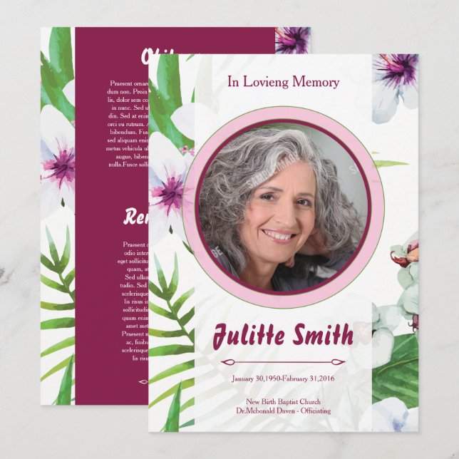 Programa Floral Funeral Program Card Template (Frente/Verso)