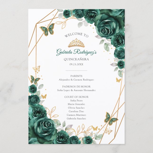 Programa Floral Green Gold Quinceanera Order of Events (Frente)
