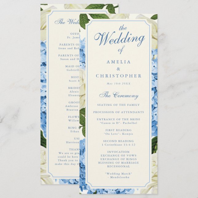Programa Flores de Hortênsia Azul Rosas Brancas Casamento (Frente/Verso)