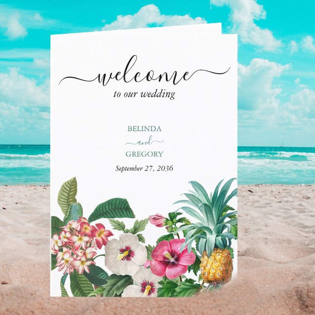 Programa Flores Tropicais Ordem de Serviço de Casamento Ver (Tropical Watercolor Flowers & Greenery Wedding Program)