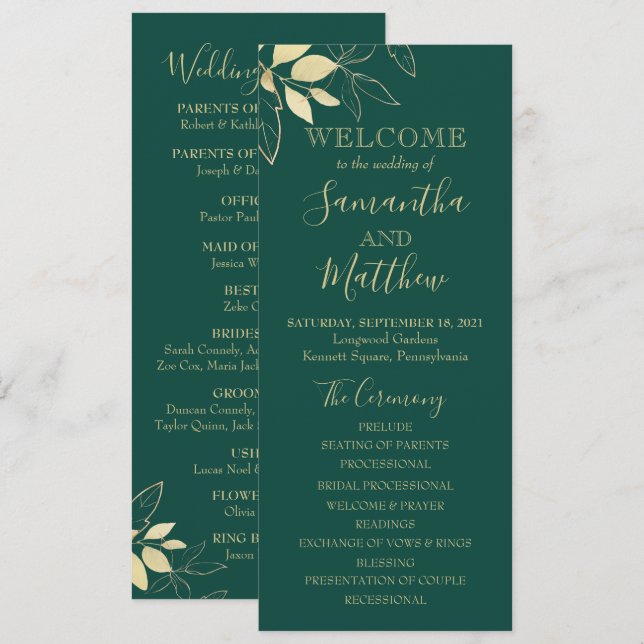 Programa Folhas Botânicas de Casamento em Verde Esmeralda e (Frente/Verso)