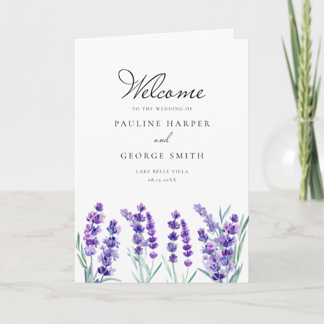 Programa Folheto de Casamento de Flores de Lavanda em Aquar (Frente)