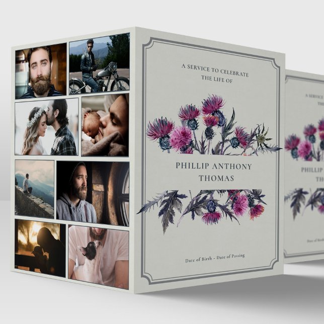 Programa Foto Colagem Obituária Escocesa de Thistle Funeral (Scottish Thistle Photo Montage Sympathy Order of Service Funeral Program)